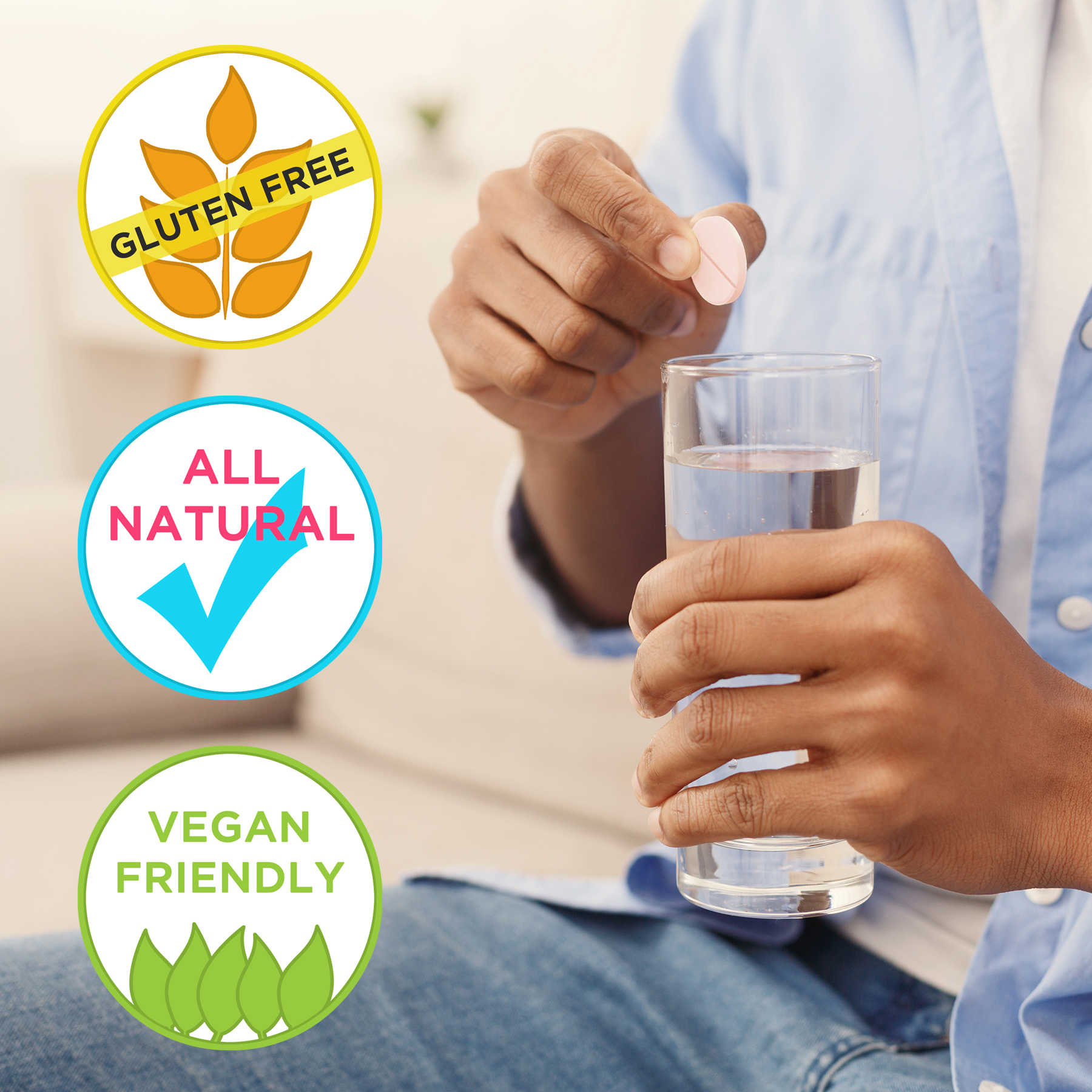 Shows that KSP tablets are gluten free, all natural, and vegan friendly.