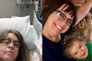 Customer showing sick in be and then smiling next to her son.