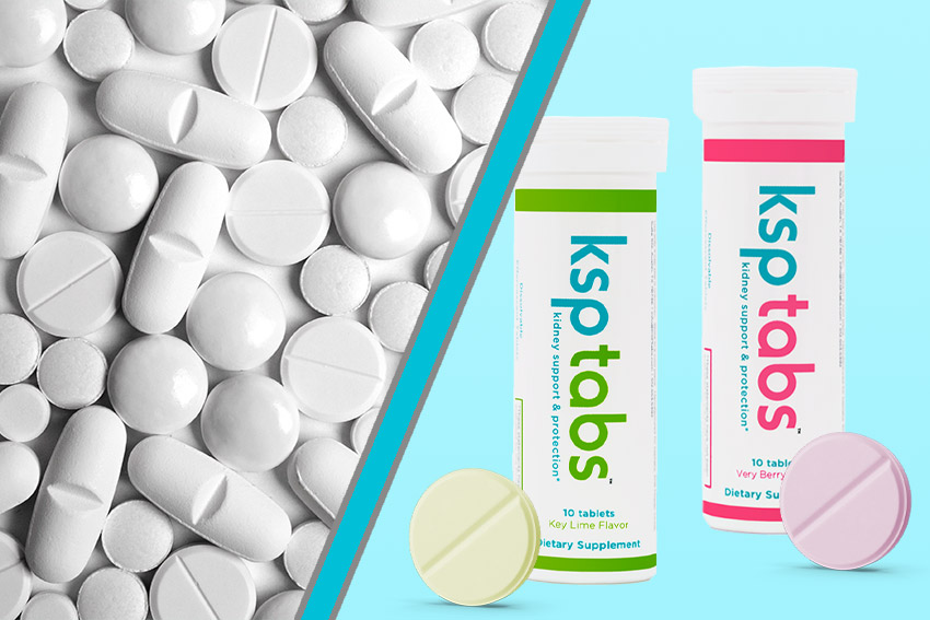 A bunch of white pills divided by a tube of lime KSP and berry KSP tabs.