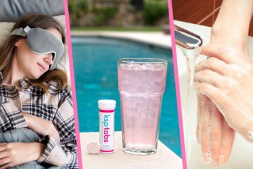 Three sections of the image. First shows a woman with an eye mask eye sleeping, middle shows Berry KSP tabs and a glass of it next to a pool. The last image shows someone washing their hands.