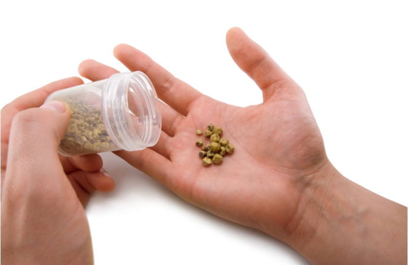 A man pours small stones from a plastic jar into his hand.