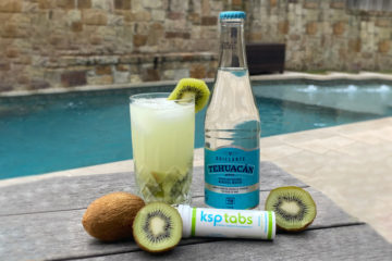 Lime KSP tabs, with Kiwi and seltzer indicating a recipe. All of this sits in front of a pool.