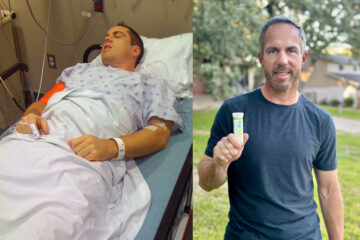 Kent Metschan, customer, sick in bed and holding a lime KSP tube.