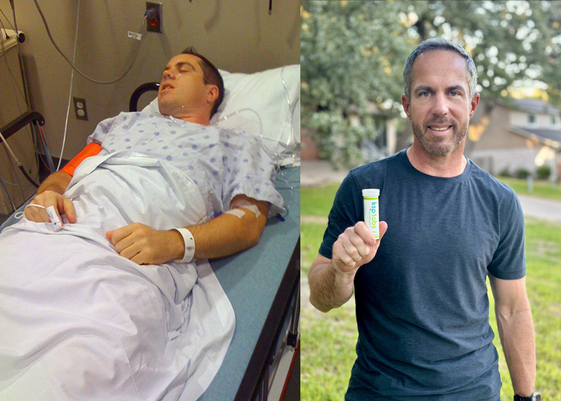 Kent Metschan, customer, sick in bed and holding a lime KSP tube.